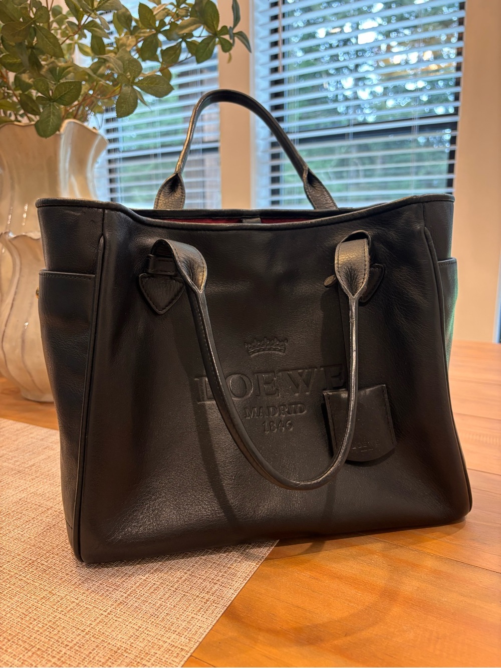 Loewe Black Leather Tote with Embossed Logo